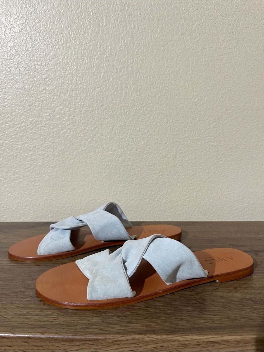 Able Light Gray Suede Crisscross Slide Sandals